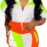 Molilove Women 2 Piece Windbreaker Tracksuit Zip Jacket Crop Tops and Shorts Pants Tracksuit Outfits