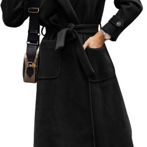 Yousify Womens Coat Notched Lapel Pea Coat Long Sleeve Peacoat Casual Fall Winter Long Overcoat with Belt