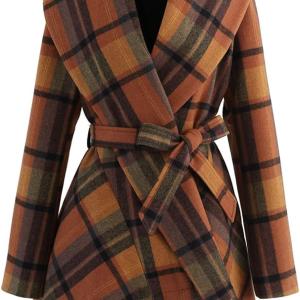 CHICWISH Women's Turn Down Shawl Collar Earth Tone Check/Black White Grid/Black/Plum Wool Blend Coat