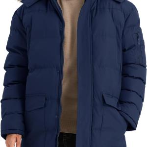 JAWERU Men's Long Winter Warm Coats Insulated Fleece Parka Jacket Windproof Padded Puffy Coat with Removable Fur Hood