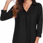 Newchoice Womens Collared V Neck 3/4 Sleeve Shirts Business Casual Tops Loose Work Blouses