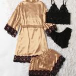 SOLY HUX Women's Satin Pajama Set 4pcs Floral Lace Trim Cami Lingerie Sleepwear with Robe