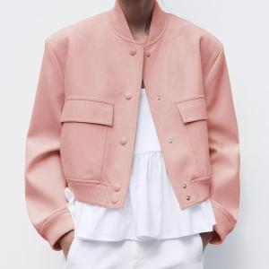 Zhiyouni Women's Cropped Bomber Jacket Button Down Long Sleeves Varsity Windbreakers Coat