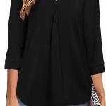 Newchoice Womens Collared V Neck 3/4 Sleeve Shirts Business Casual Tops Loose Work Blouses