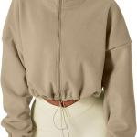QINSEN Women's Full Zip Fleece Short Jacket Warm Winter Long Sleeve Stand Collar Sherpa Crop Coat