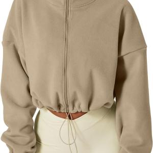 QINSEN Women's Full Zip Fleece Short Jacket Warm Winter Long Sleeve Stand Collar Sherpa Crop Coat