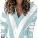 Elapsy Womens Color Block Striped V Neck Sweater Long Sleeve Pullover Knitted Sweater XS-2XL