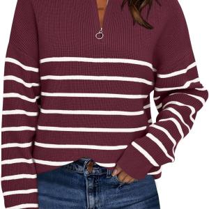 LILLUSORY Women's Fall Striped Oversized 2023 Pullovers Sweaters Half Zipper Casual Knit Tops