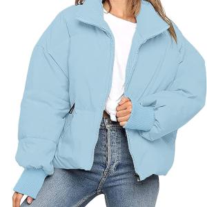 MEROKEETY Women's Winter Long Sleeve Zip Puffer Jacket Pockets Baggy Short Down Coats