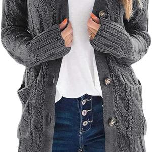 PRETTYGARDEN Long Sleeve Cable Knit Long Cardigan for Women 2023 Fall Winter Chunky Open Front Button Sweaters with Pockets