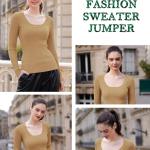 v28 Women Scoop Neck U-Neck Knit Long Sleeve Slim Fit Ribbed Sweater Tops