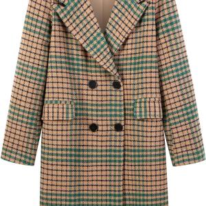CHARTOU Women's Winter Oversize Lapel Collar Woolen Plaid Double Breasted Long Peacoat Jacket