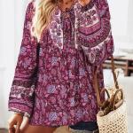 KAYWIDE Women's Casual Boho V Neck Top Loose Floral Printed Long Sleeve Beach Shirts Blouses